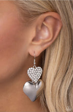 Load image into Gallery viewer, CHARMING CONNECTION - WHITE RHINESTONE SILVER HEART EARRINGS - PAPARAZZI

