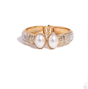 Balanced Brevity - Gold - White Pearl and Rhinestone Paparazzi Hinge Bracelet