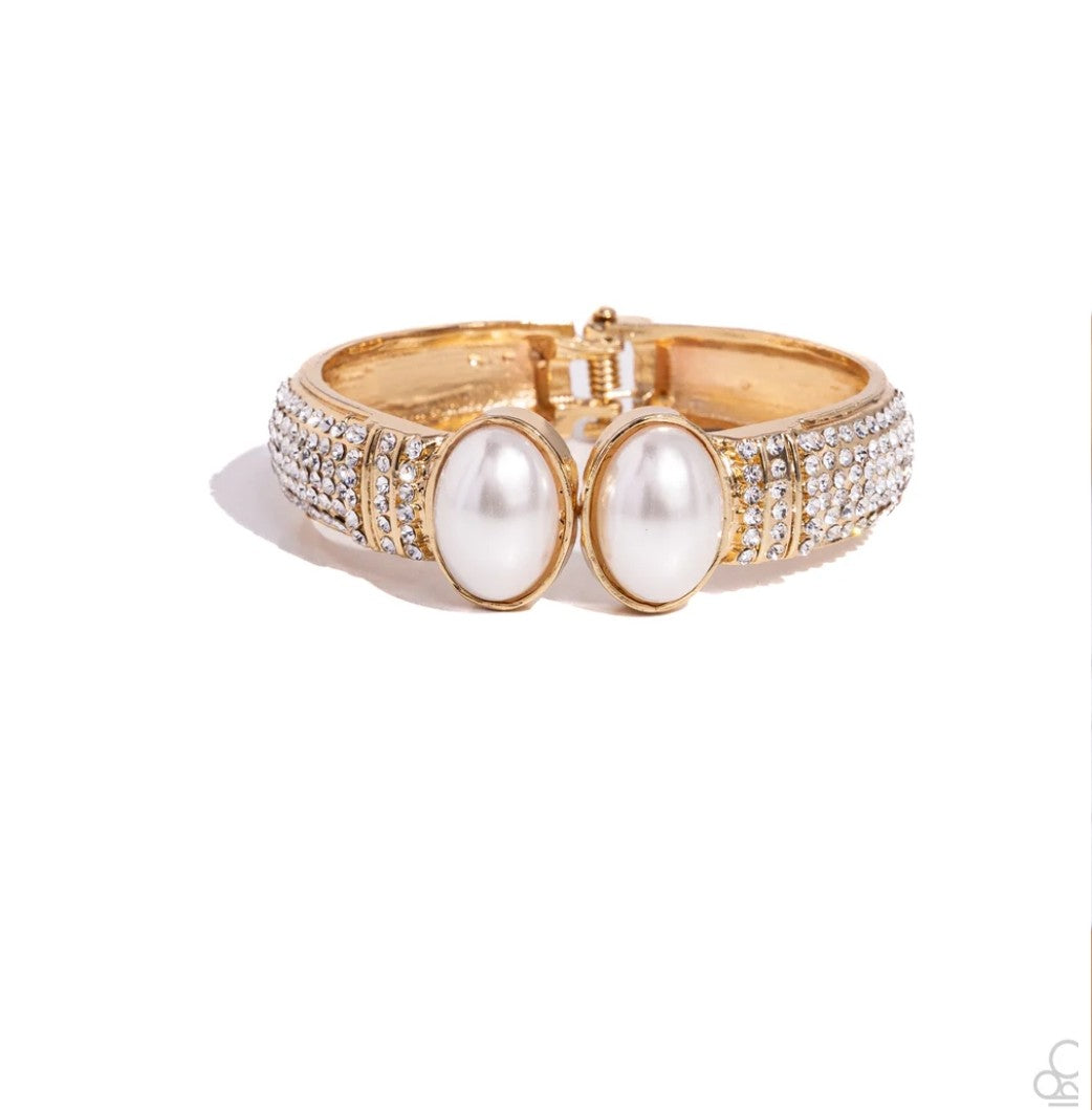 Balanced Brevity - Gold - White Pearl and Rhinestone Paparazzi Hinge Bracelet